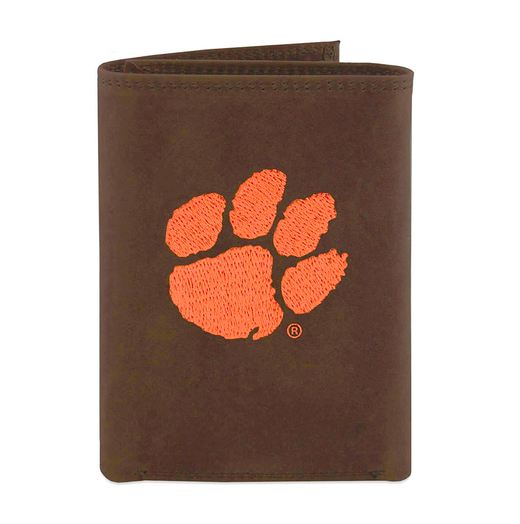 Clemson Tigers Crazyhorse Leather Embroidered Trifold Wallet - NCAA